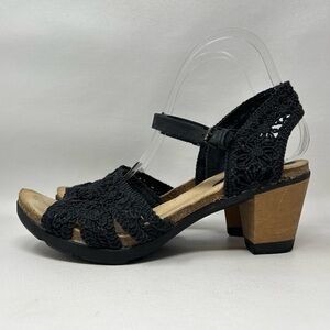 Bussuloa La Jolla Black Crochet Ankle Strap Wooden Heel Sandals, Women’s Size 40